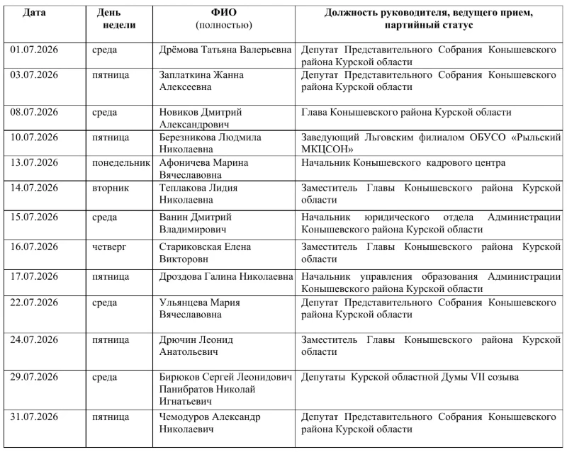 🇷🇺График приема граждан в общественной приемной Конышевского местного отделения партии «Единая Рос
