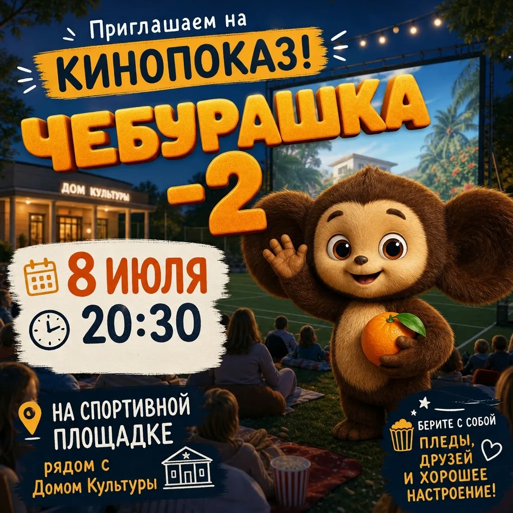 Приглашаем на кинопоказ под открытым небом! 🎬🌙

Смотрим «Чебурашка-2» — семейный, тёплый и очень д