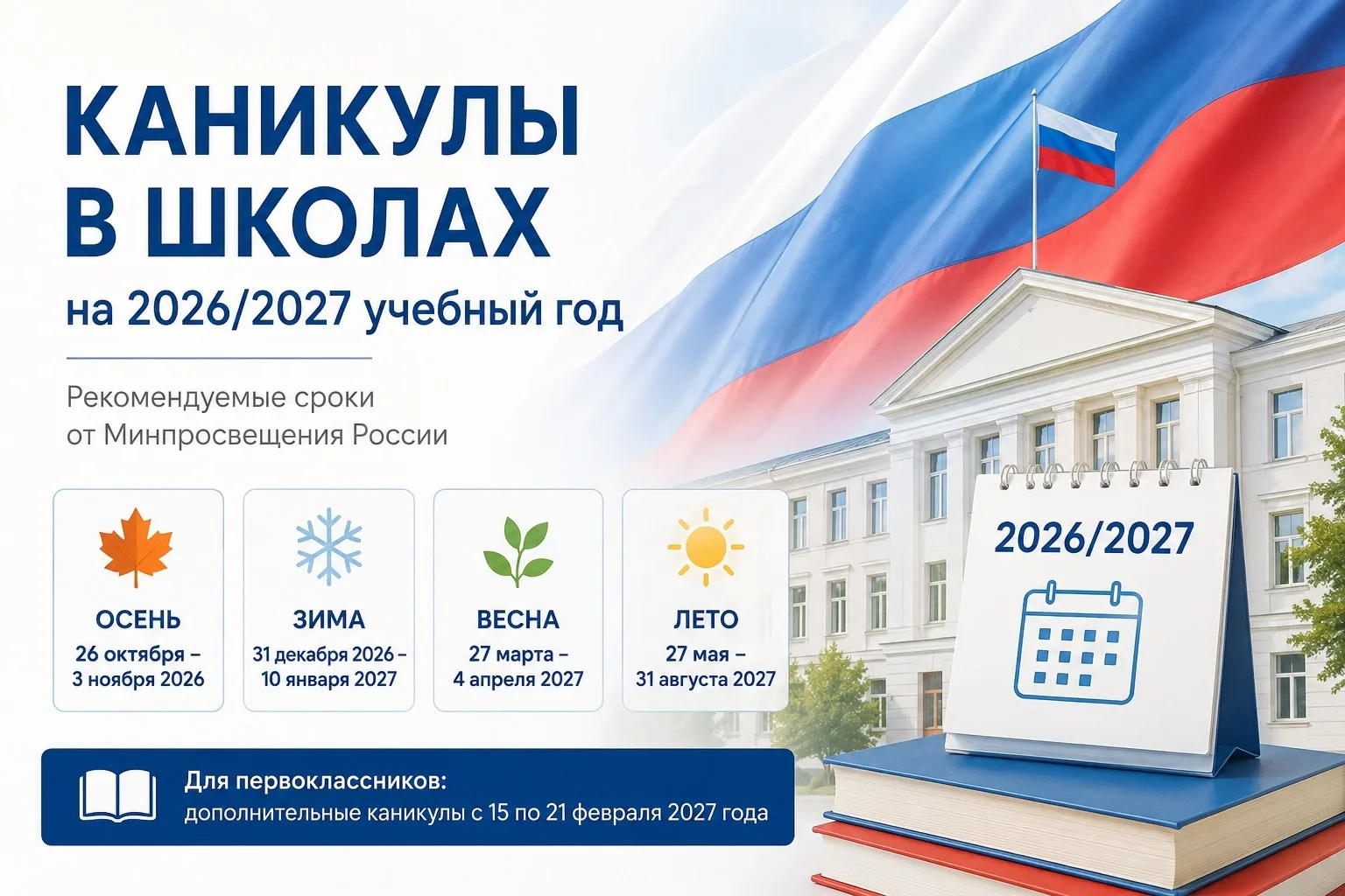 📚 Стали известны даты школьных каникул на 2026/2027 учебный год!