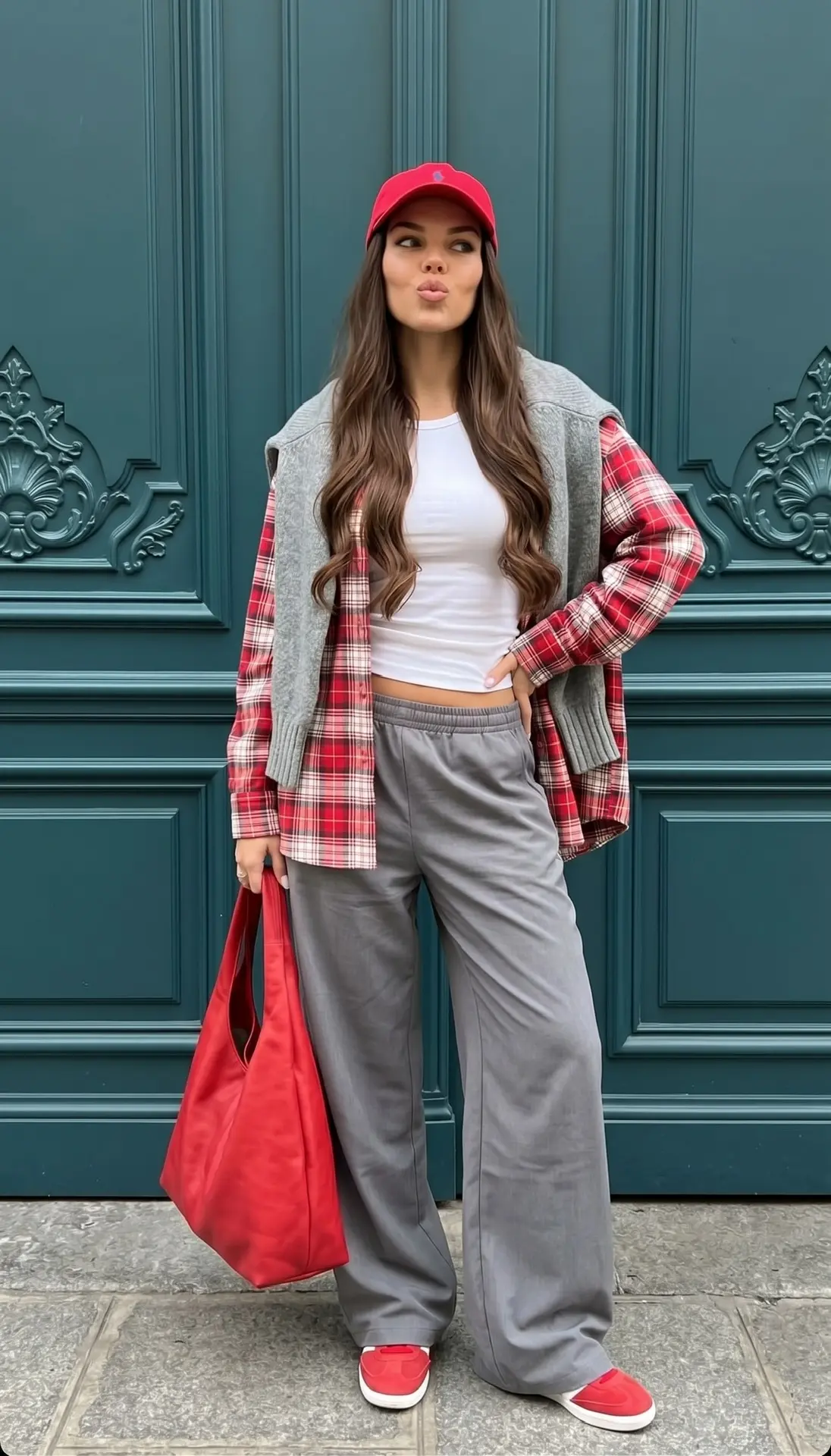 Полноразмерная street-style фотография девушки на фоне элегантной стены с тёмно-бирюзов...