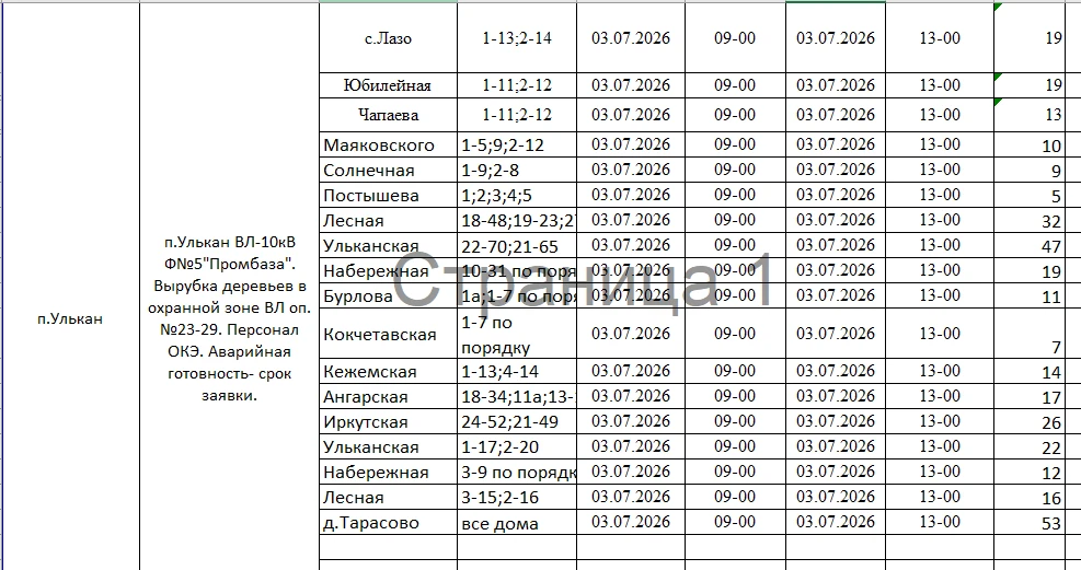 Плановые работы РЭС-2 п. Улькан, д.Тарасово на 3 июля