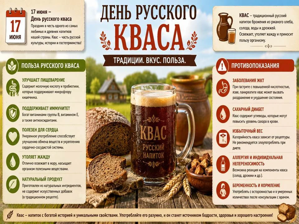 17 июня - день русского кваса. О пользе и противопоказаниях продукта читайте в карточке ⬆️⬆️⬆️
