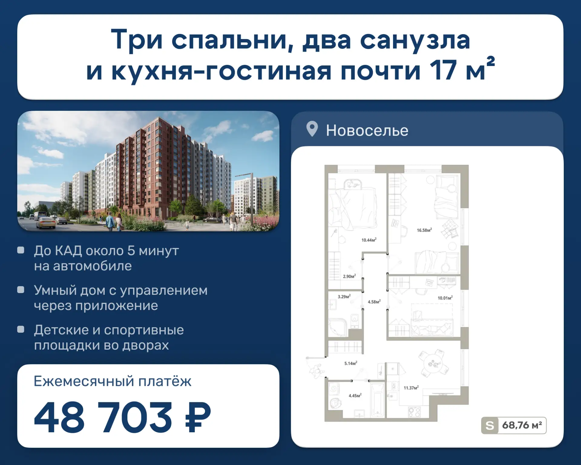 Спецпредложение: 48 703 ₽/мес за просторную трёшку с большой кухней-гостиной