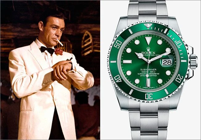 Шон Коннери в роли Джеймса Бонда в фильме «Голдфингер», часы Rolex Submariner ⌚