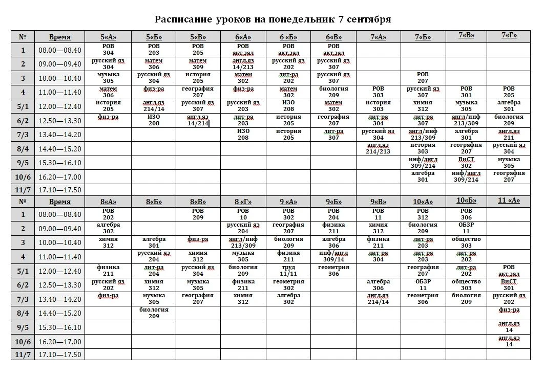 Расписание на 7 сентября