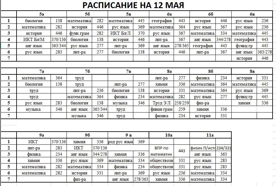 Расписание на 12 мая