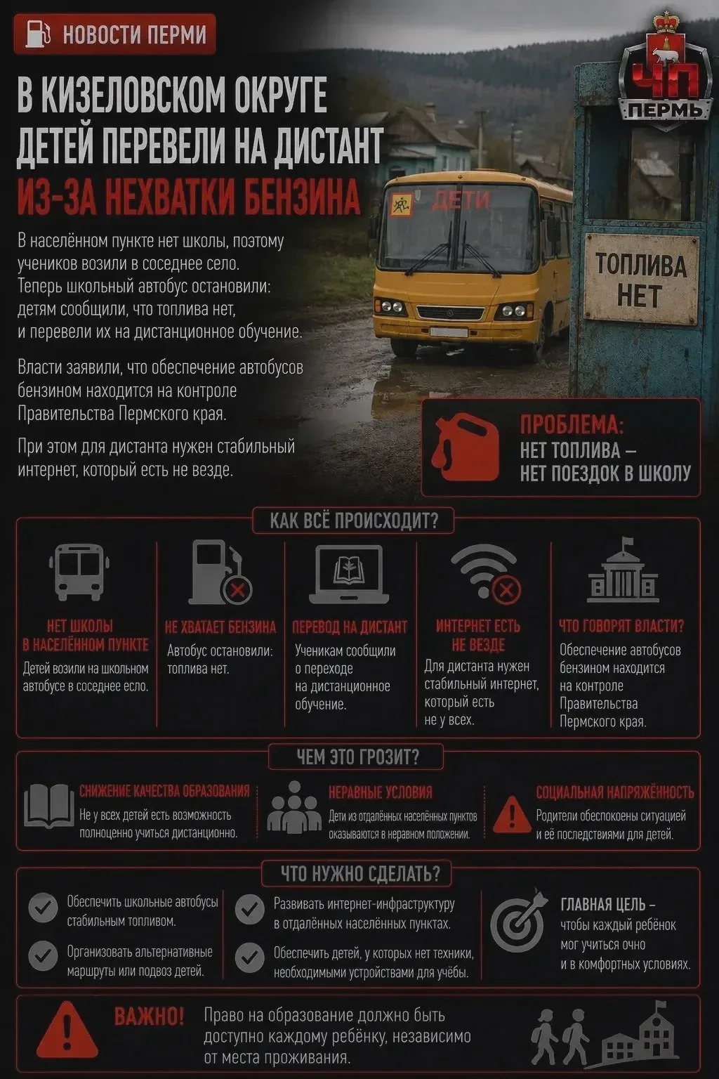 ⛽ В Кизеловском округе детей перевели на дистант из-за нехватки бензина