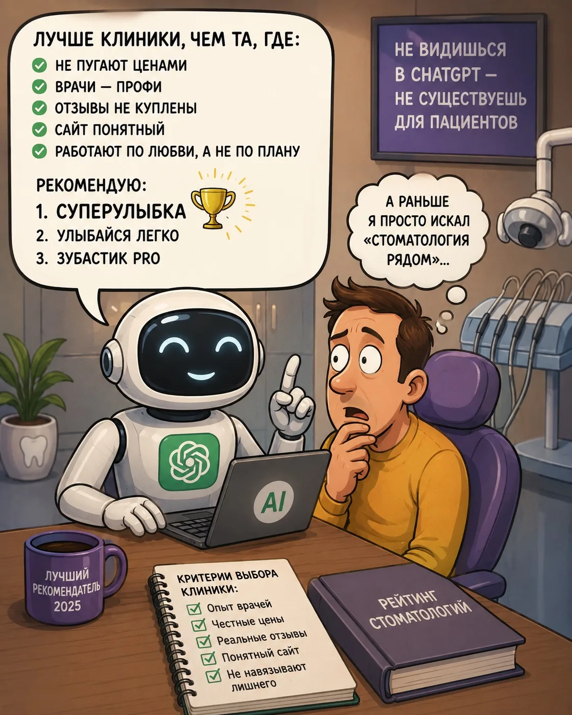 Через пару лет пациенты будут искать клиники не в Яндексе

Они будут спрашивать у ChatGPT:

Куда луч