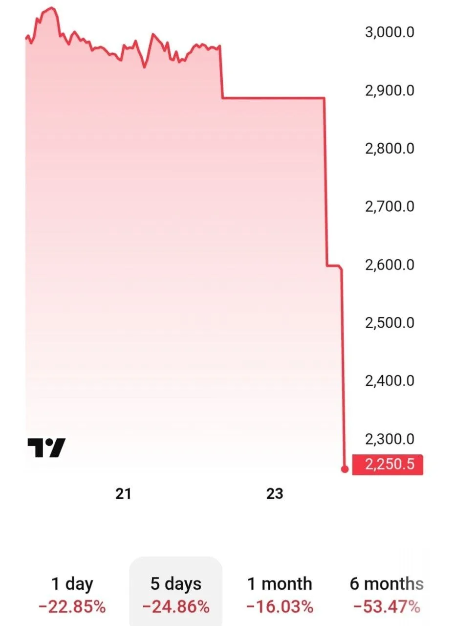 ‼️Акции Ozon падают на 23%.