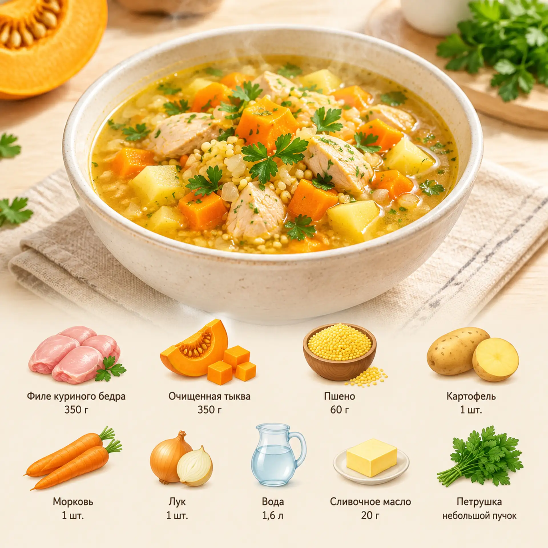 Тыквенный суп с курицей и пшеном 🤤