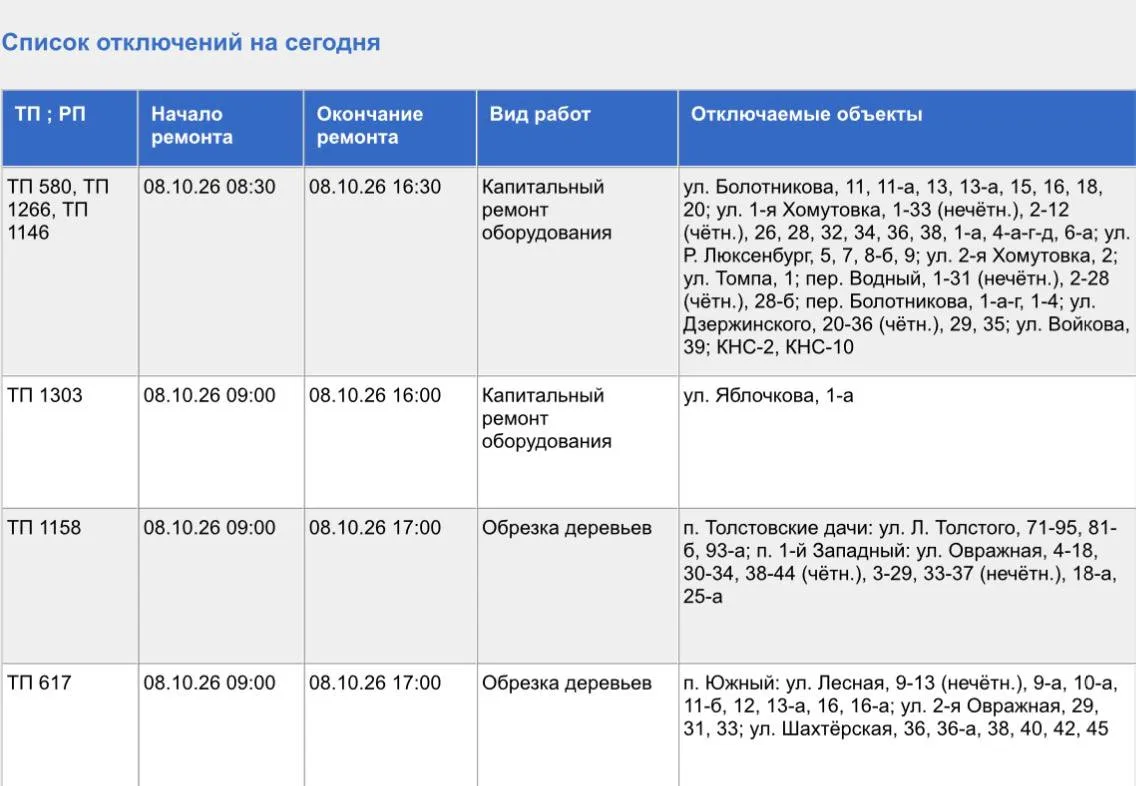 Жители некоторых улиц Тулы сегодня временно останутся без электроэнергии.