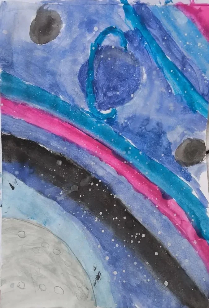 🖼️ 🚀 Выставка рисунков ко Дню космонавтики от наших маленьких орлят.  1В: Благинина Ксения, Ишаев Се