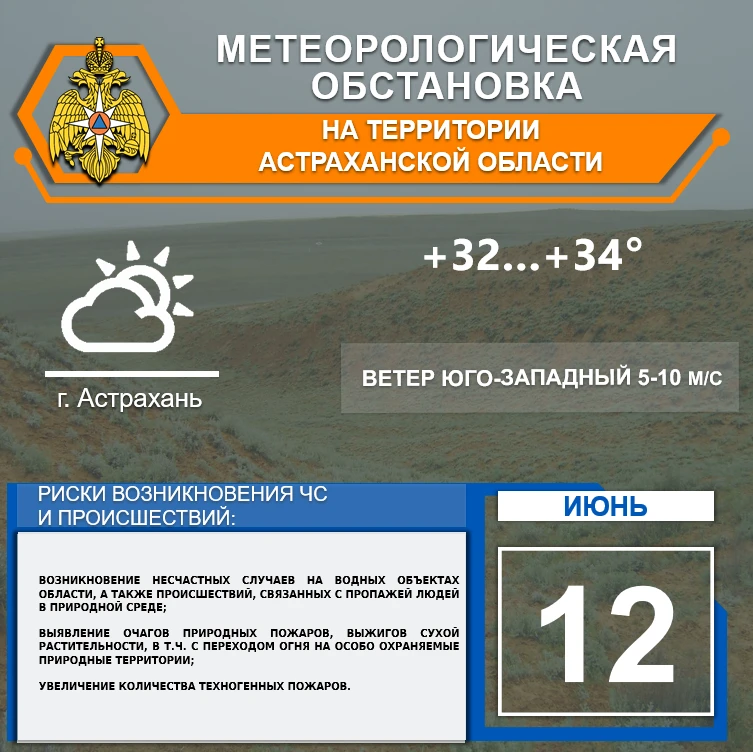 🌎 Метеорологическая обстановка на 12 июня
 
🌥На территории Астраханской области переменная облачно