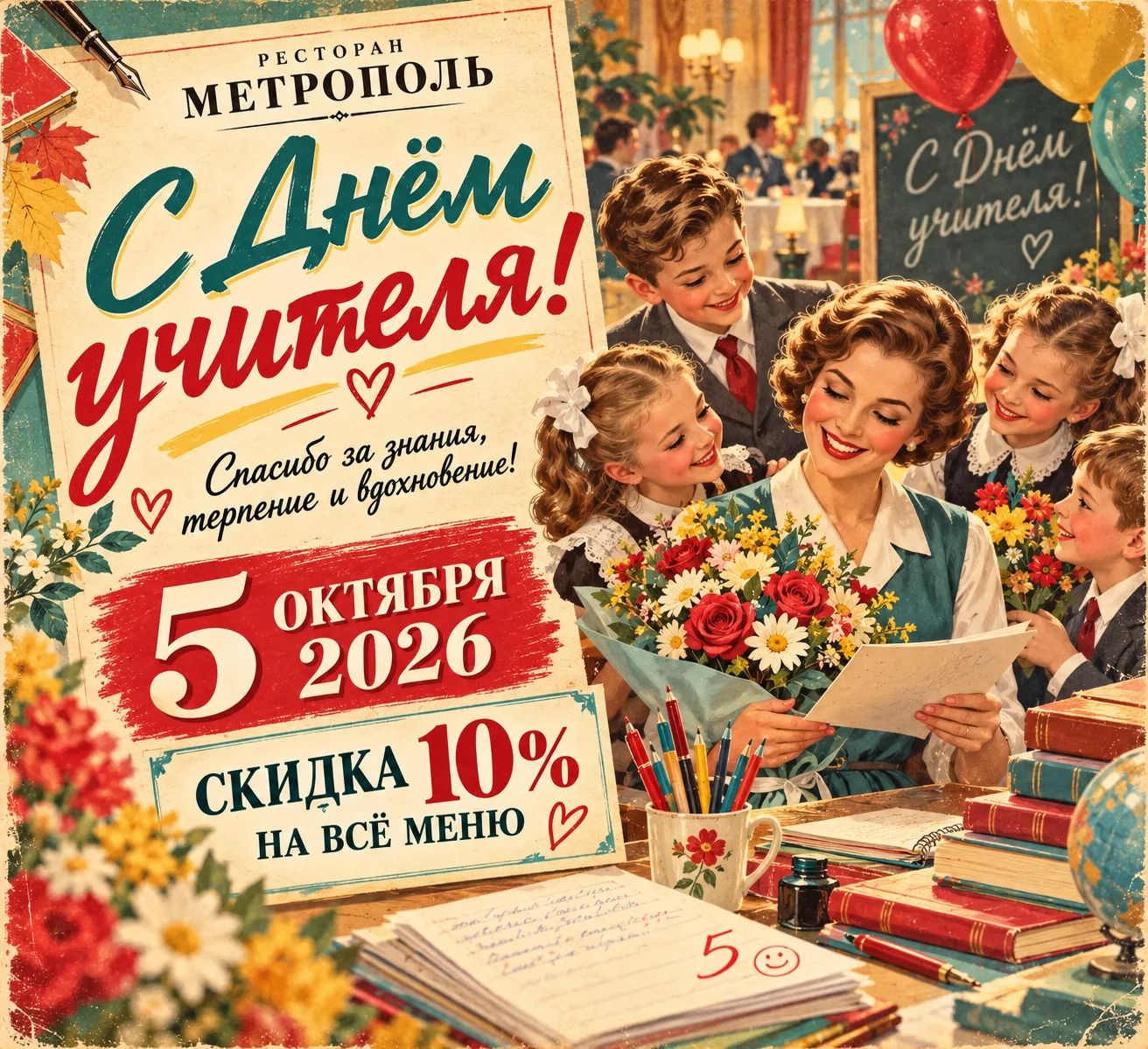 Учителю можно ставить «5» не только ученикам, но и нашему меню 😄🍽️5 октября ресторан ...