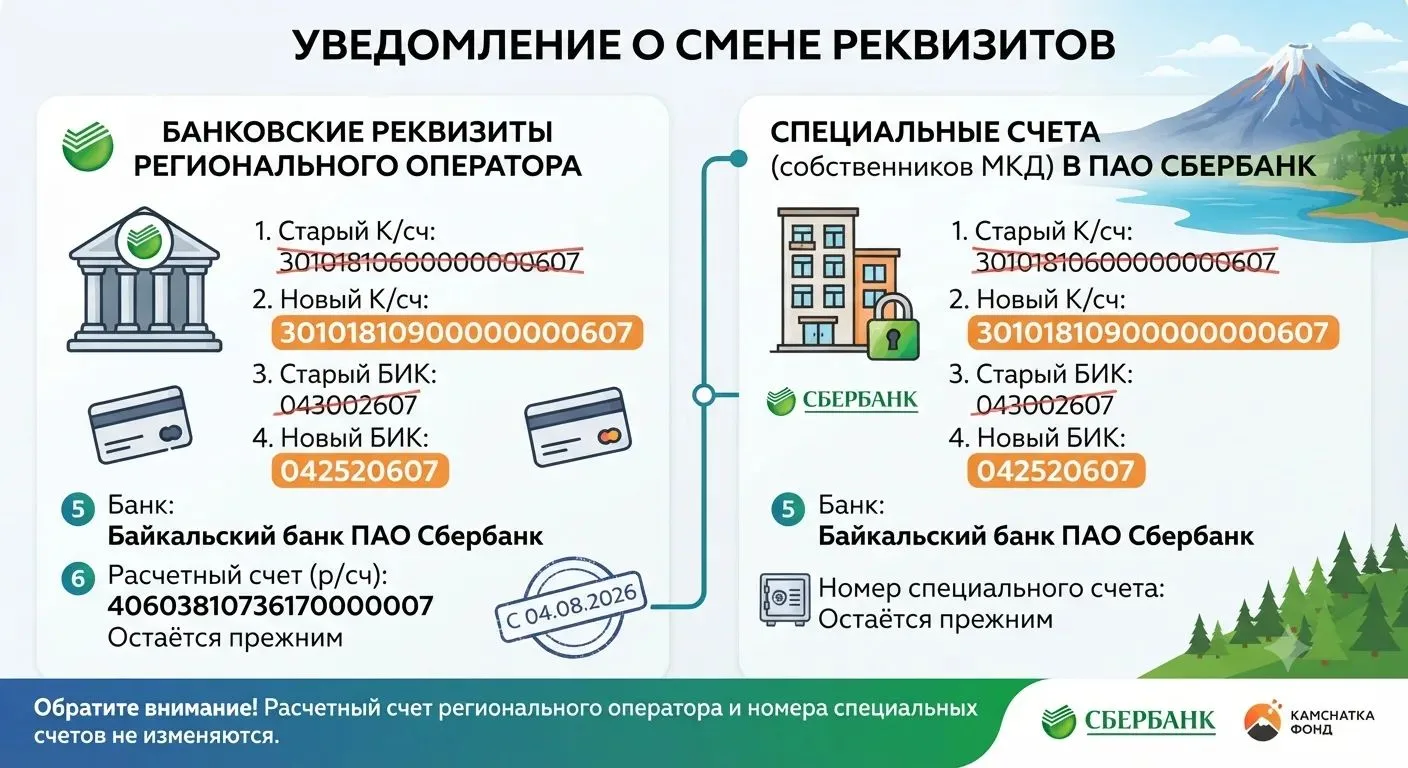 Уведомление о смене реквизитов

Фонд капитального ремонта многоквартирных домов Камчатского края уве