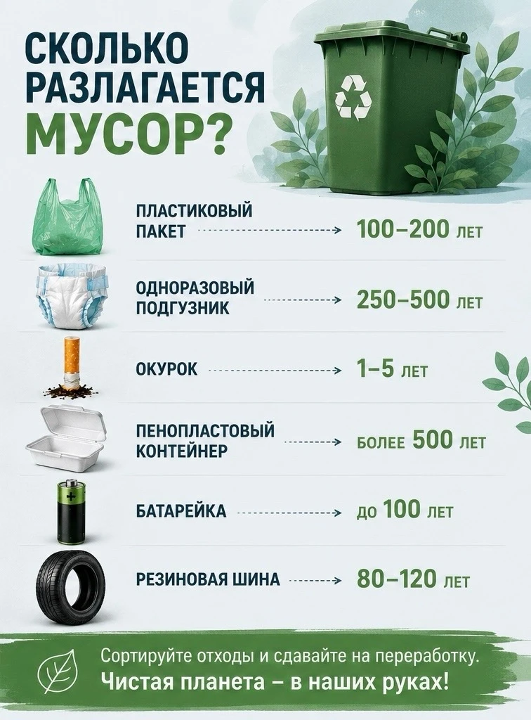 ♻️ Сколько времени разлагается мусор? Привели несколько примеров отходов.