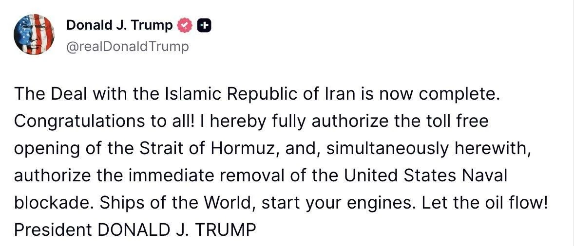 ❗️ Donald Trump ha annunciato la revoca del blocco navale americano contro l'Iran:

«L'accordo con l