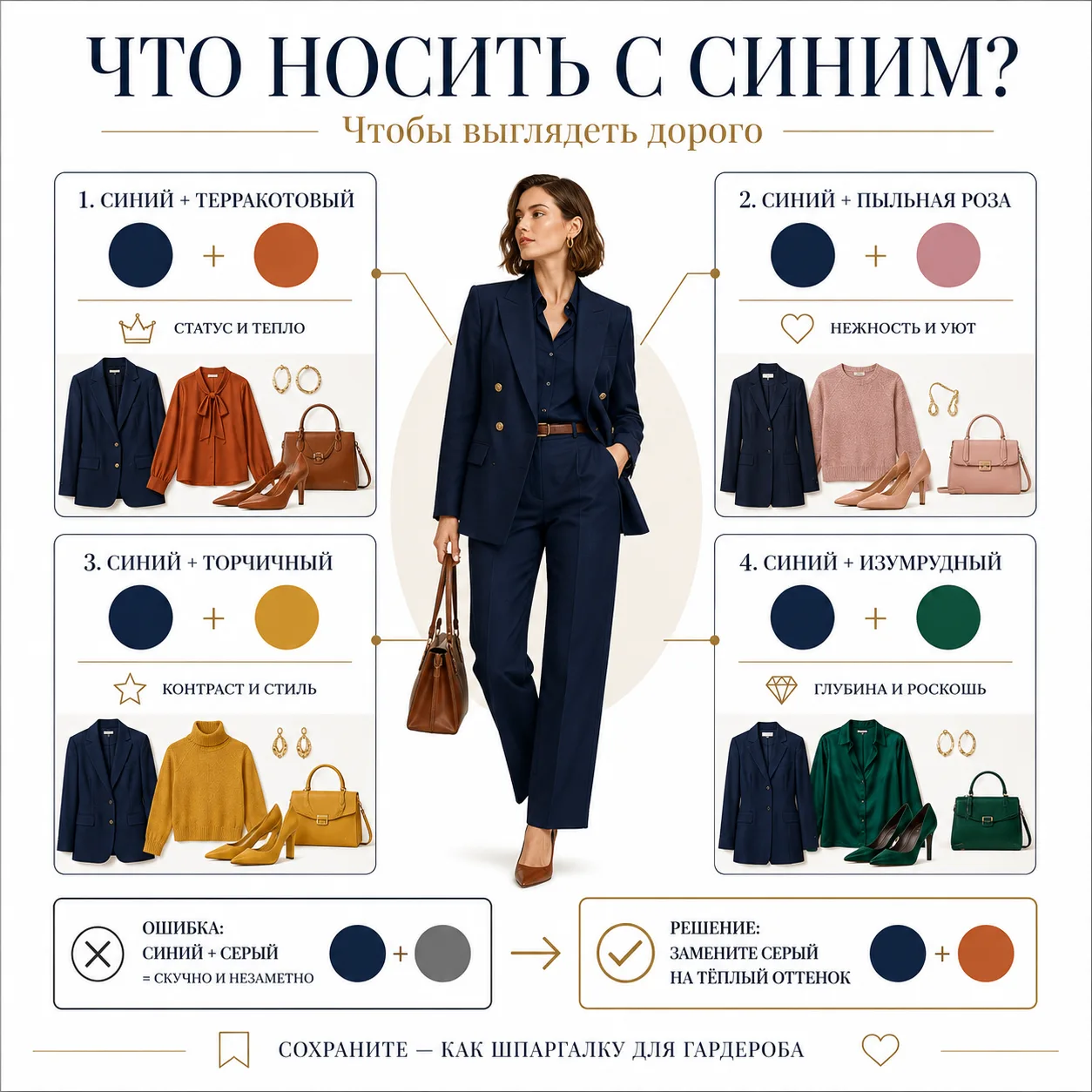 Что носить с синим, чтобы выглядеть дорого? 🔵