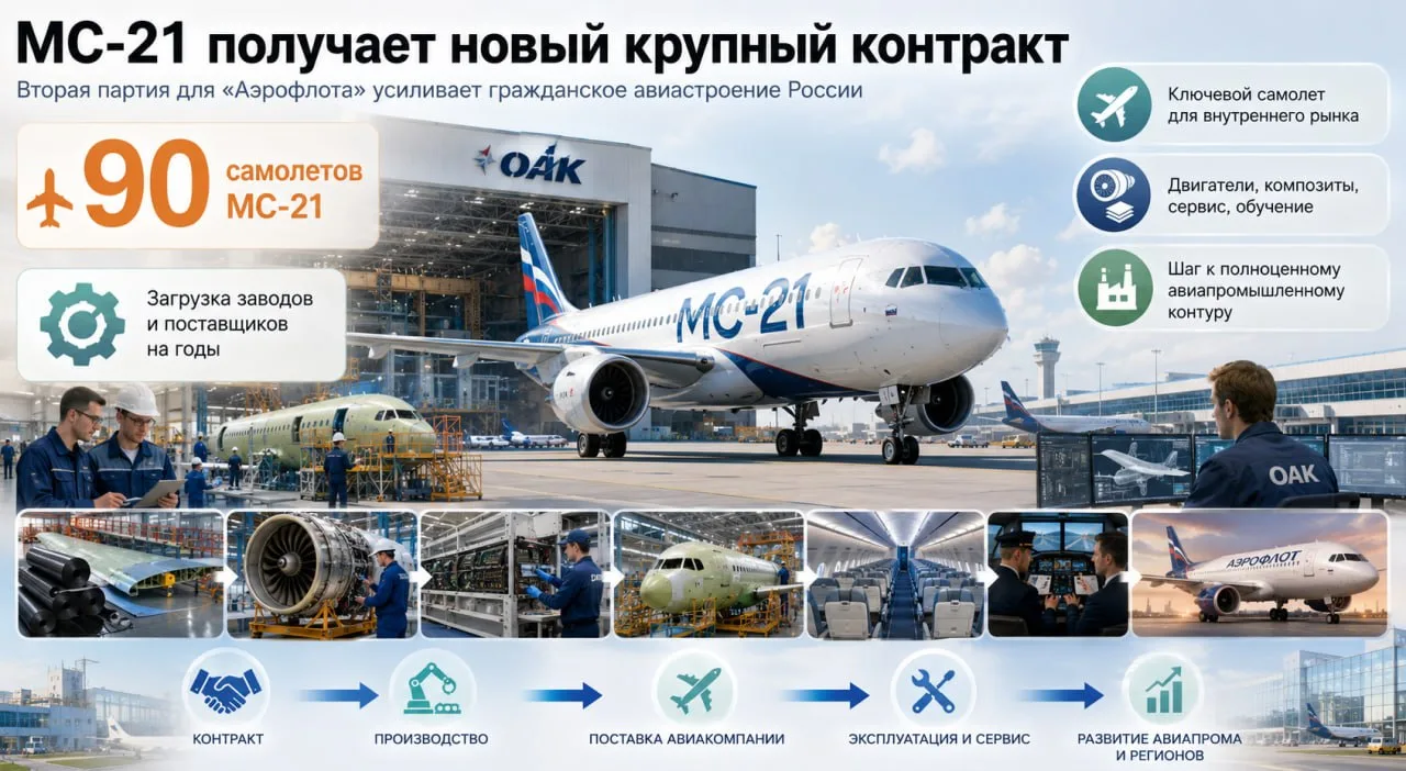 ОАК согласовала контракт на вторую партию из 90 самолетов МС-21 для «Аэрофлота». По сло...