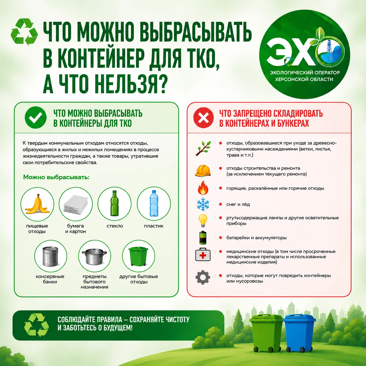 ♻️ Простые правила обращения с ТКО

Чтобы контейнерные площадки оставались чистыми, важно соблюдать 