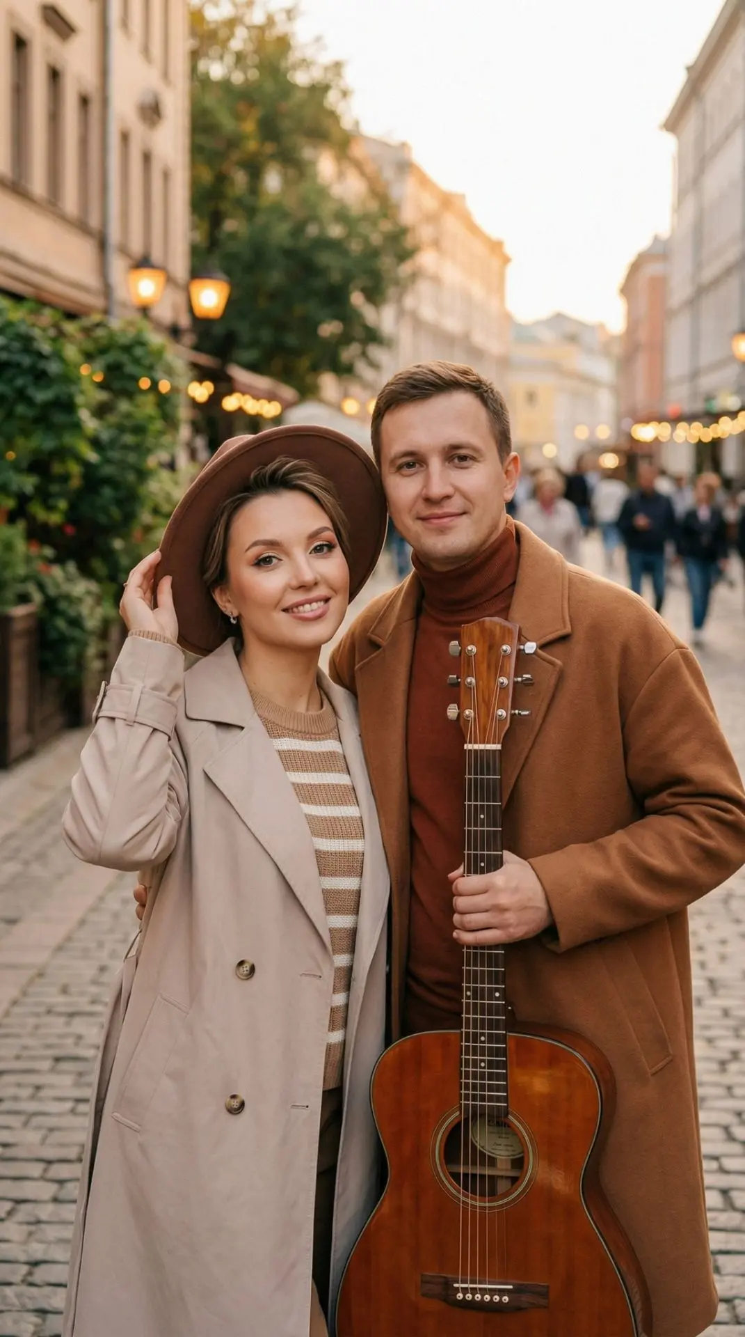 Мужчина и женщина стоят рядом на улице, их тела прижаты друг к другу, плечи соприкасаются. Женщина с