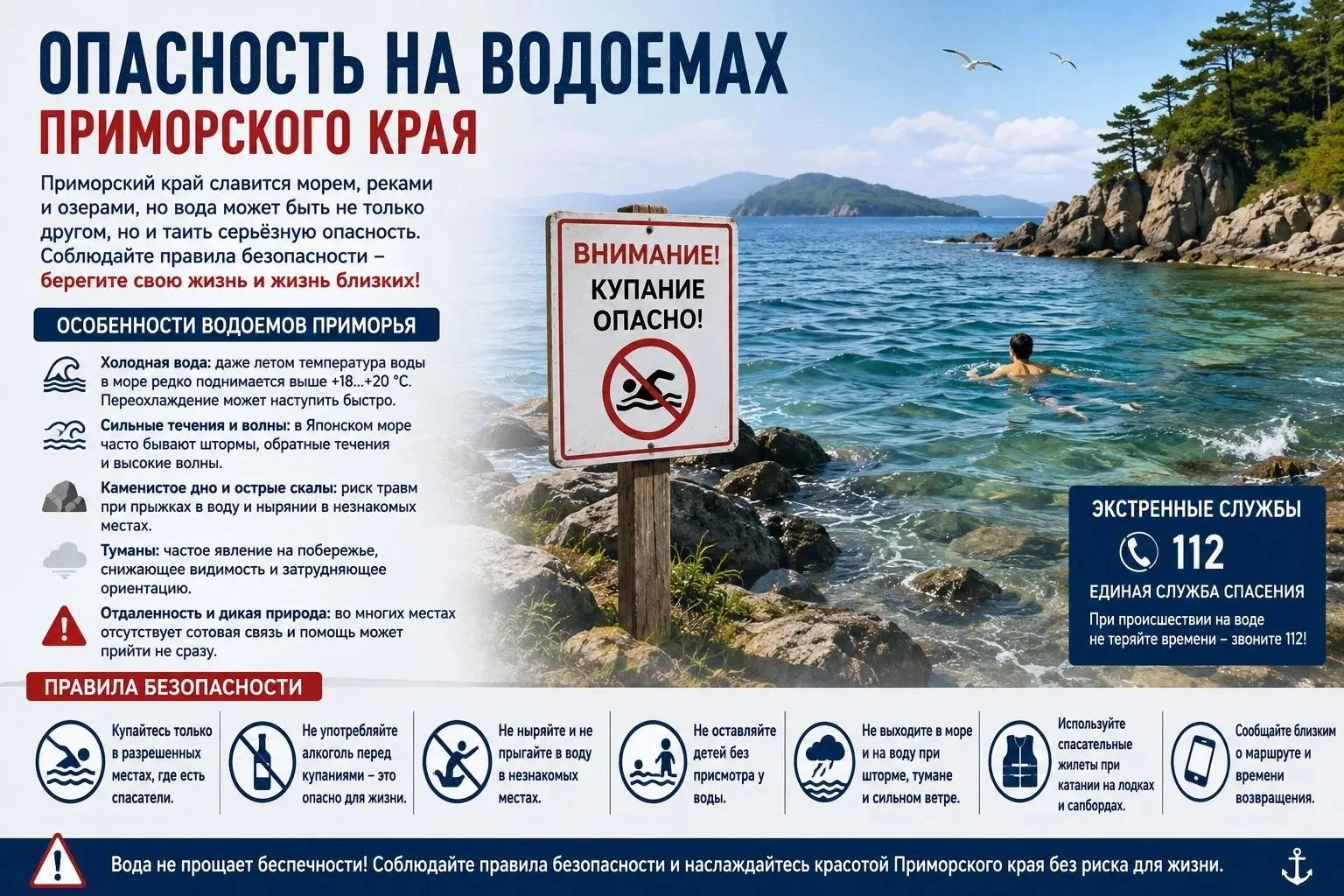 🌊 Вода не прощает беспечности

Лето — время отдыха у моря, рек и озёр. В Приморском крае тысячи жит