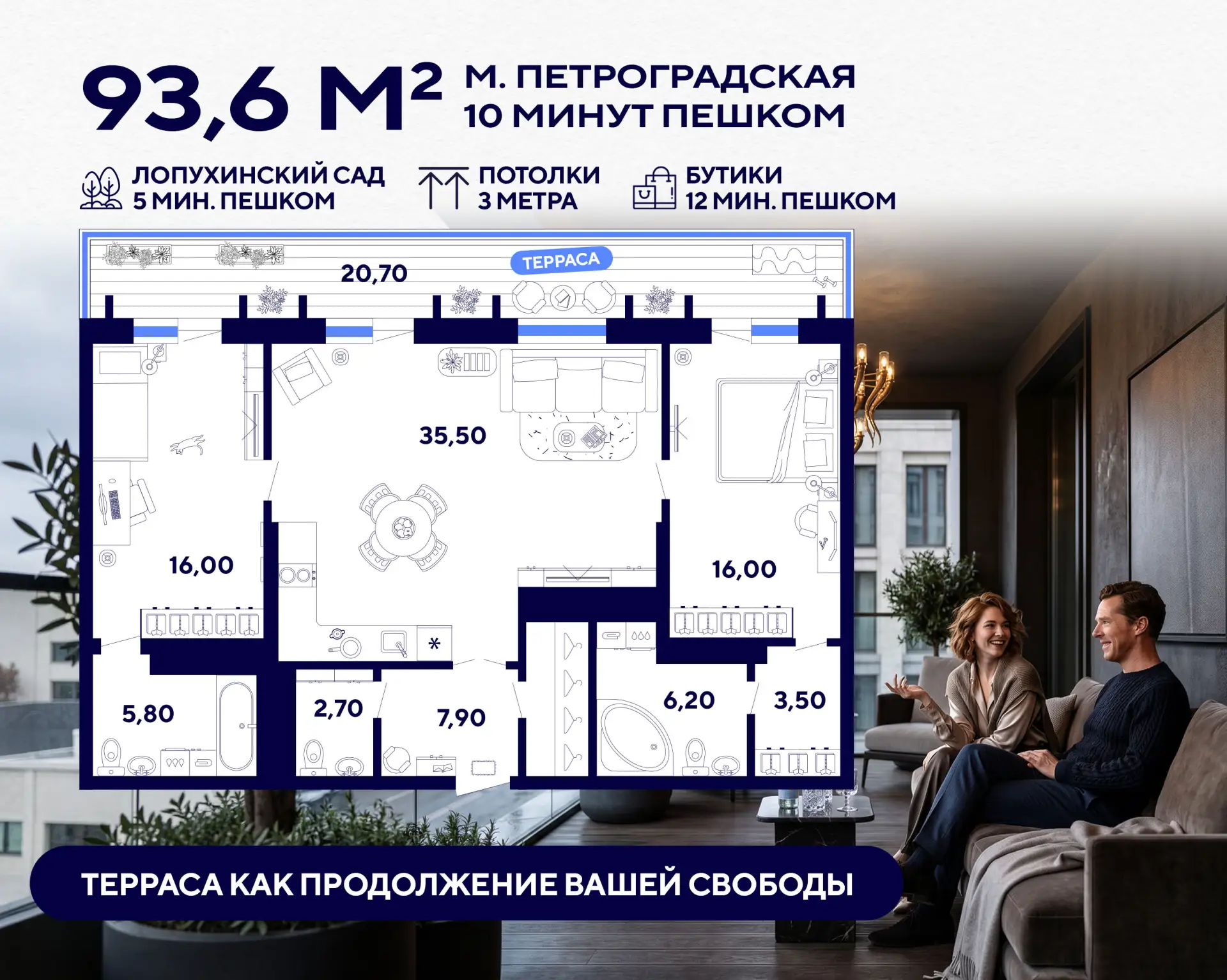 ✨ Мечта на Петроградке: квартира с кухней 35 м², террасой и двумя мастер-спальнями  #планировка_неде