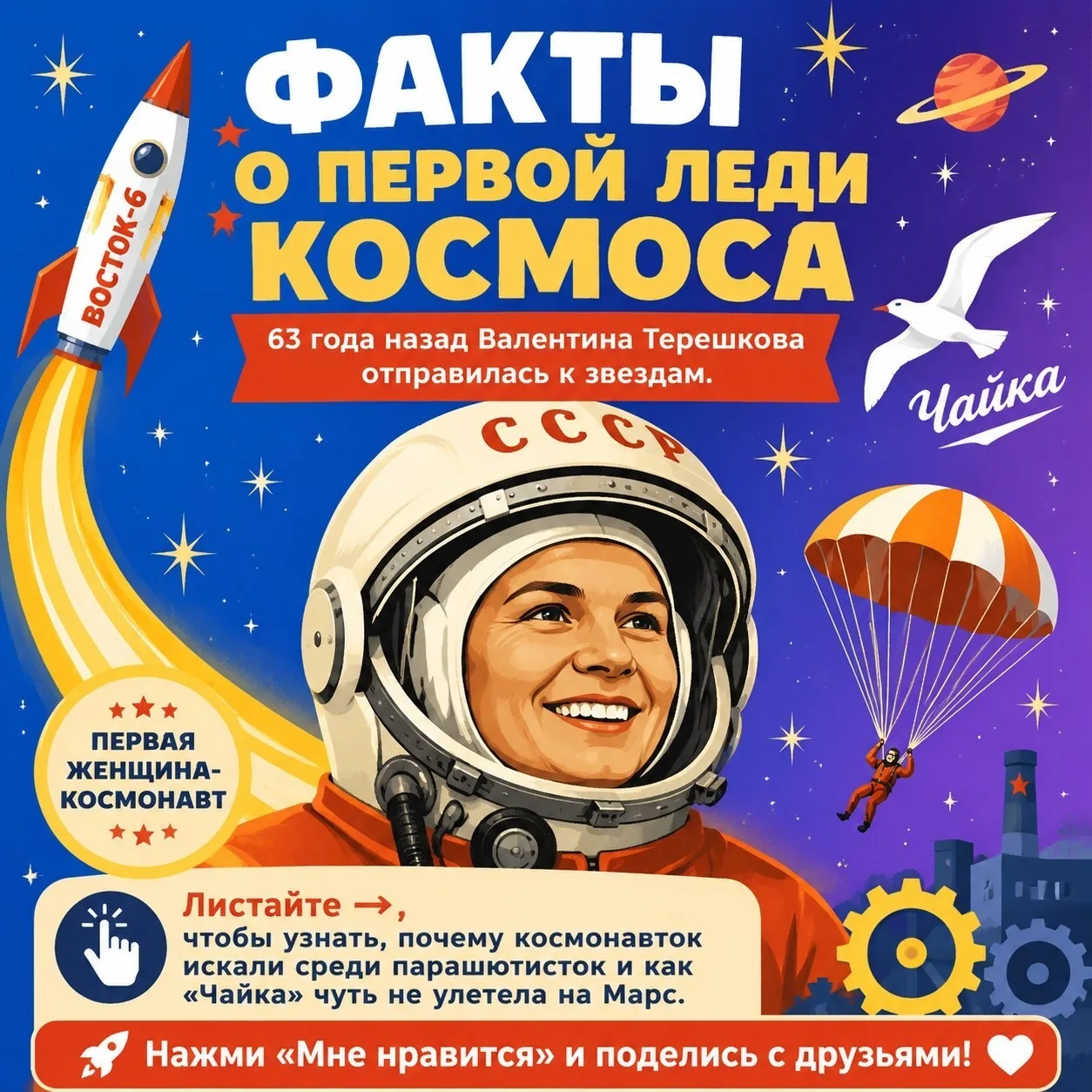 16 июня 1963 года состоялся полет первой женщины-космонавта Валентины Терешковой.

В этот день 63 го