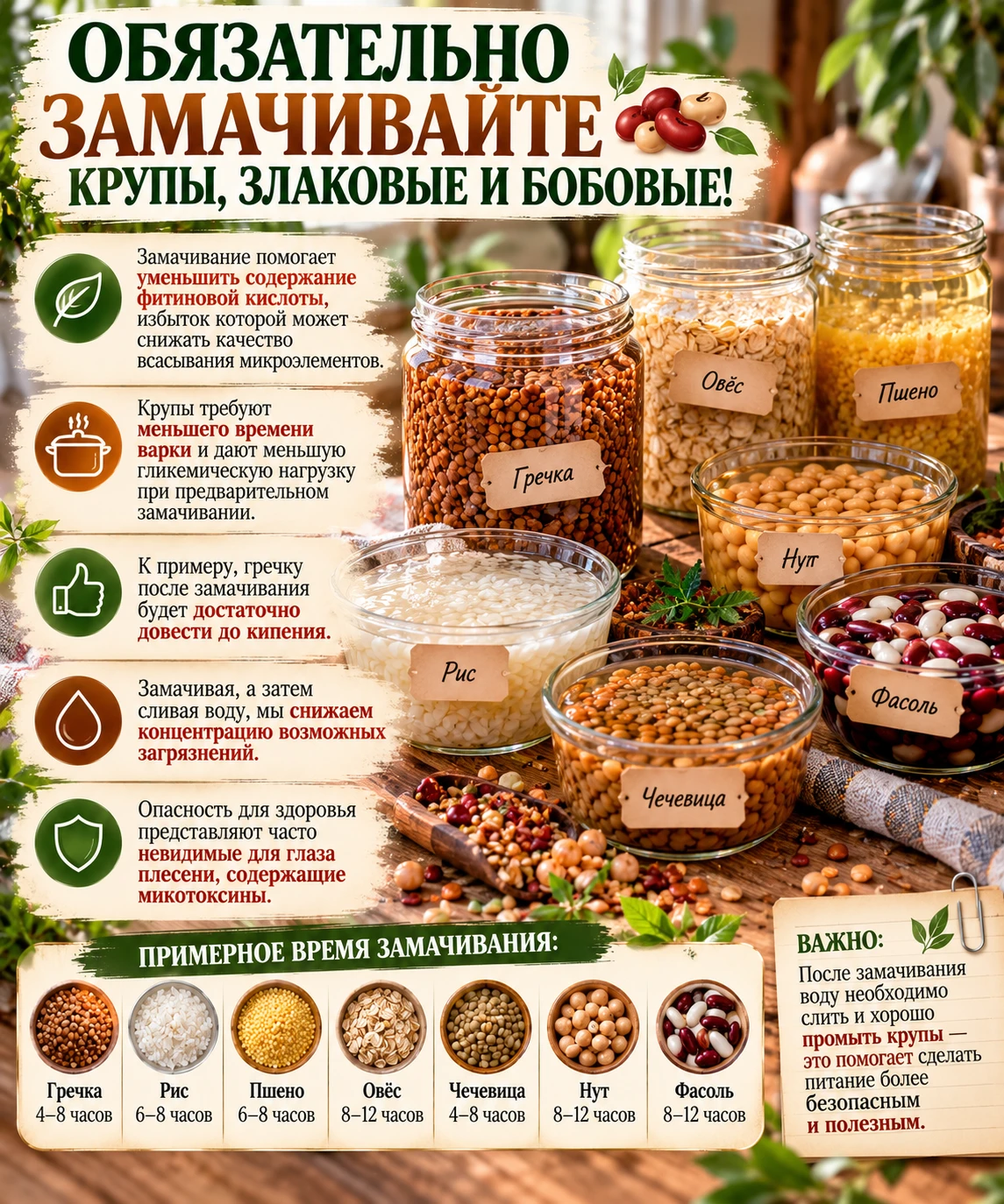 Обязательно замачивайте крупы, злаковые и бобовые! 🫘