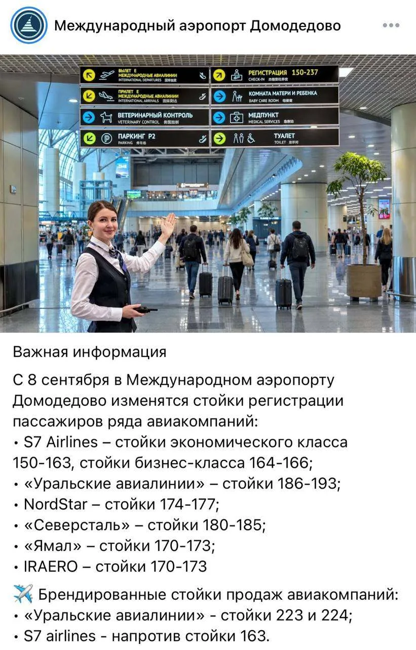 "Домодедово" закрывает стойки регистрации на внутренние рейсы в Т1.
