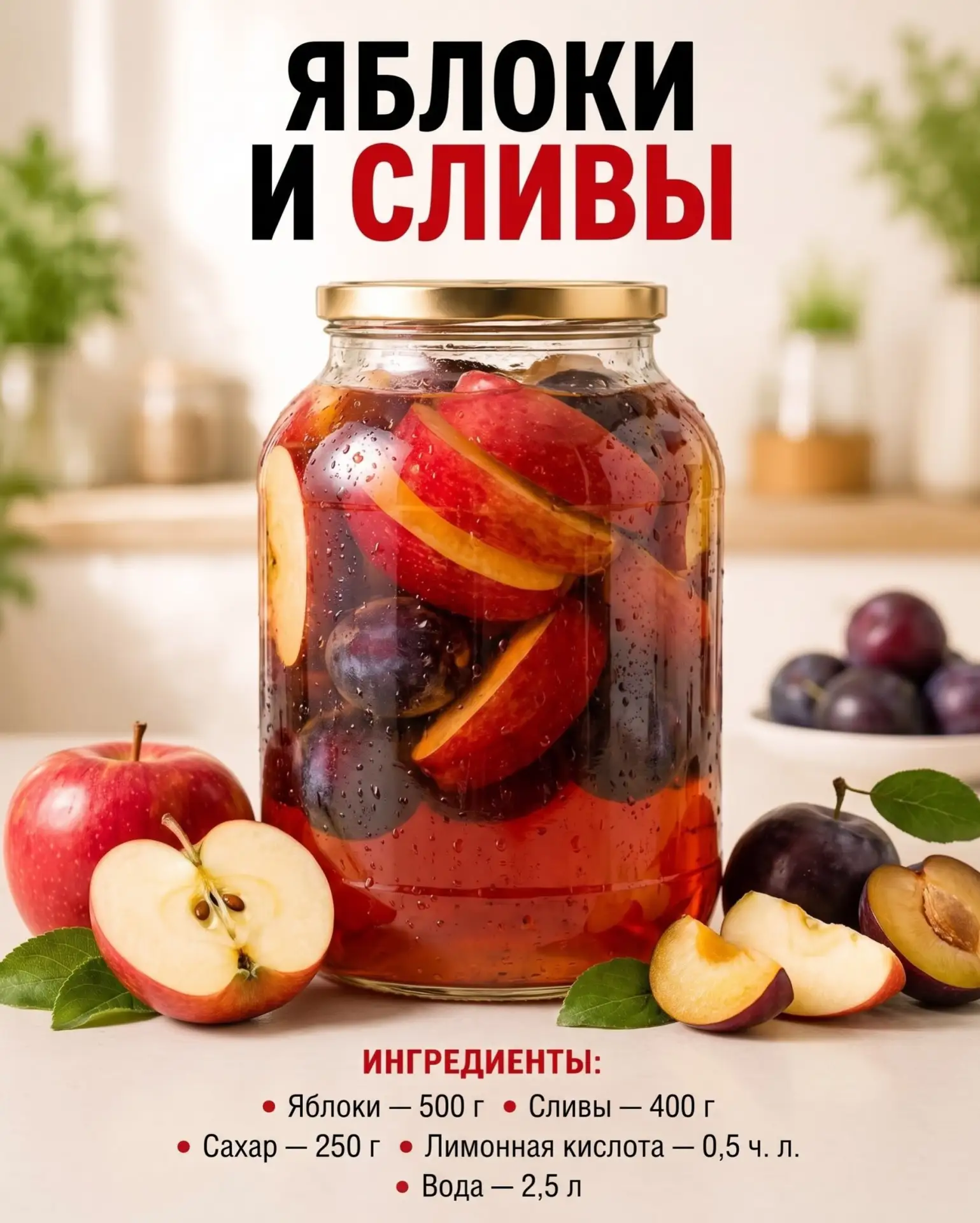 🍎 ЯБЛОКИ И СЛИВЫ

Ингредиенты:
• яблоки — 500 г
• сливы — 400 г
• сахар — 250 г

Как приготовить:
Н
