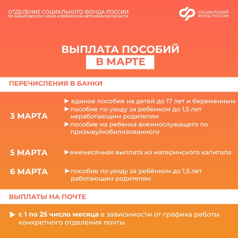 🗓️ Сроки выплат детских пособий и пенсий в марте 2026 года жителям Хабаровского края и Еврейской авт