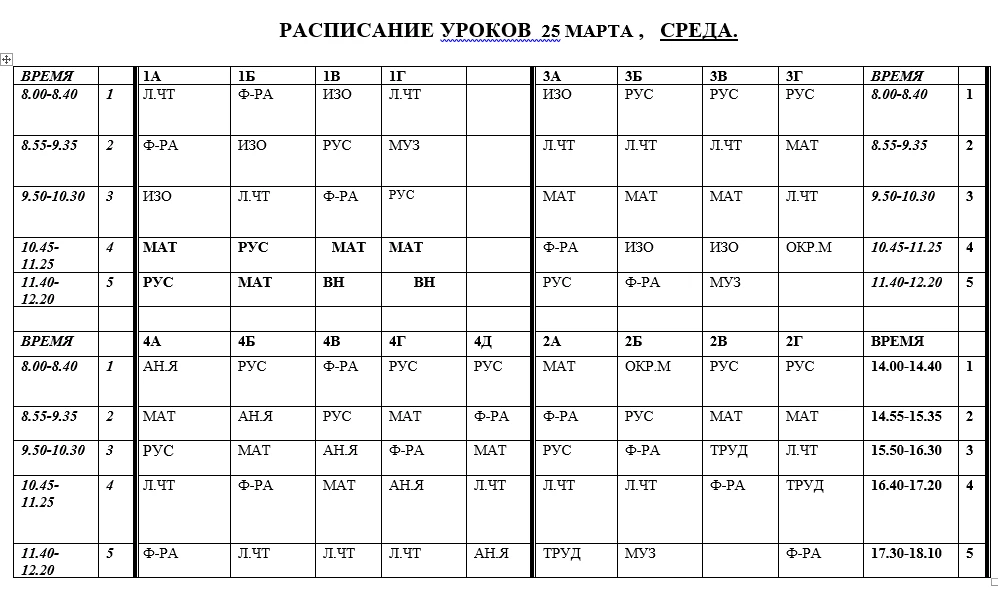 Расписание уроков на среду 25.03