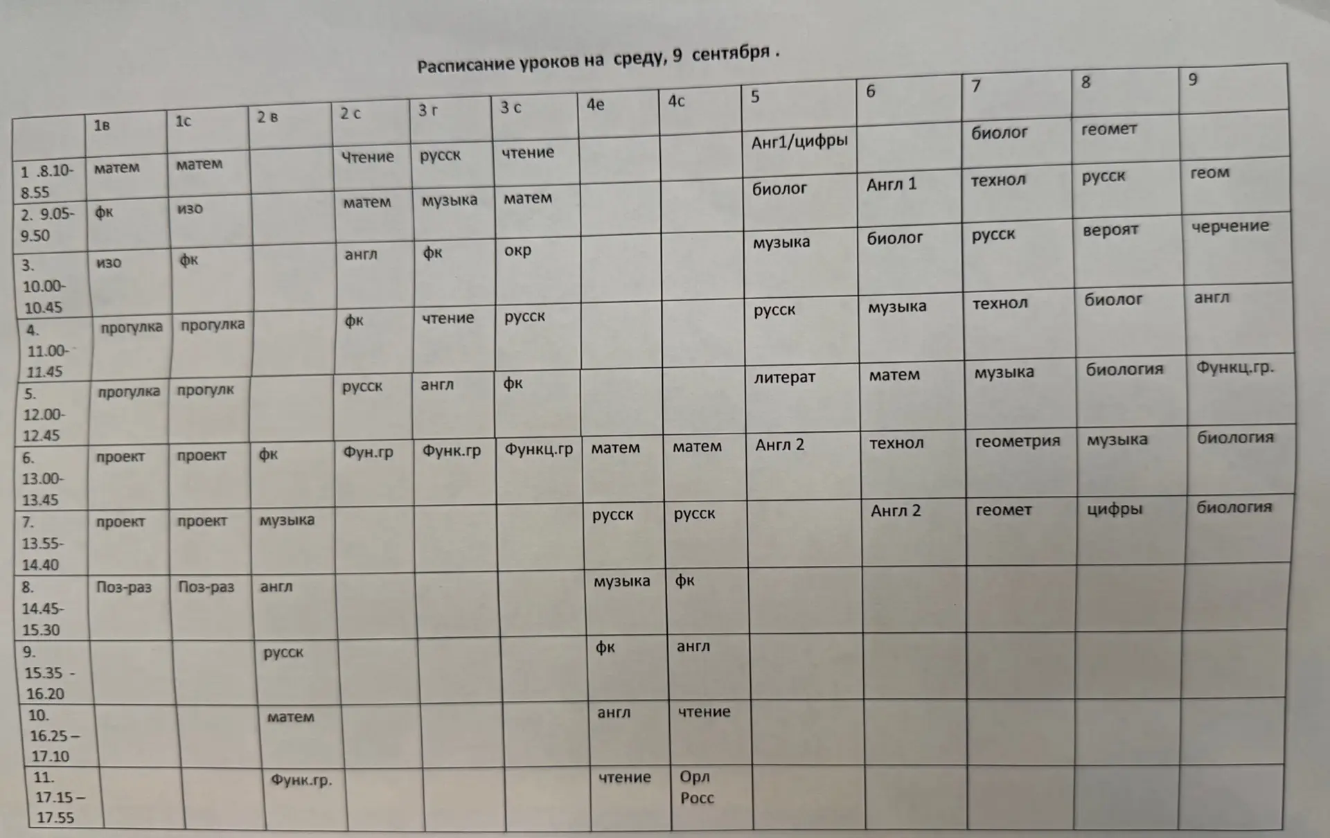 Расписание на среду, 9 сентября