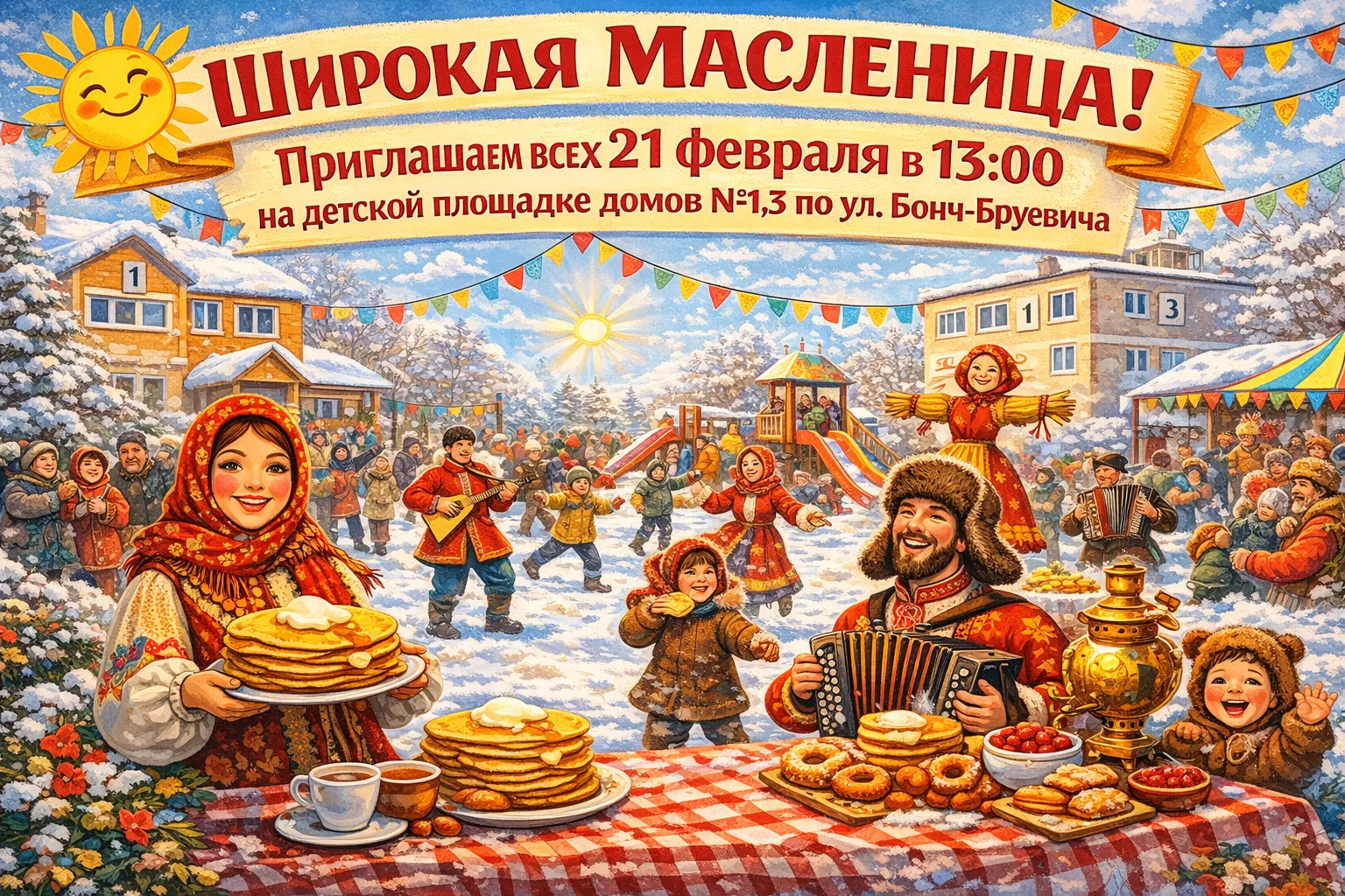 Уважаемые жители! 🎉  Приглашаем вас на весёлый и яркий праздник Широкой Масленицы! 🎭🥞  📅 21 февраля,