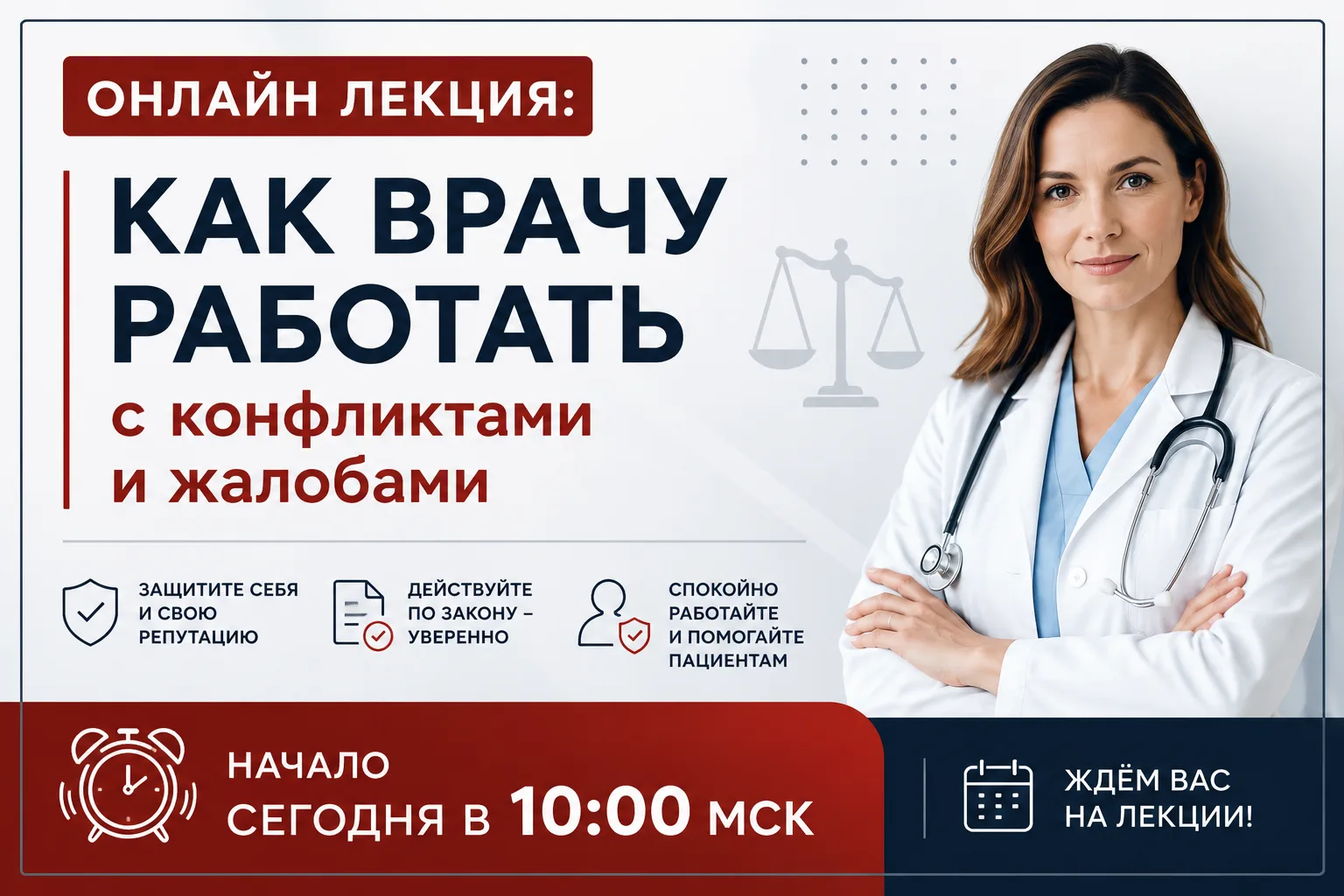 Доброе утро!

Уже сегодня в 10:00 МСК встречаемся на онлайн-лекции "Как врачу работать с конфликтами