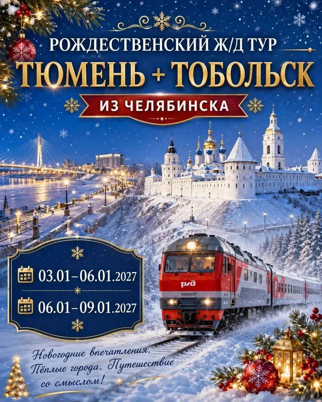 🎄РОЖДЕСТВЕНСКИЙ Ж/Д ТУР В ТЮМЕНЬ + ТОБОЛЬСК из Челябинска (3дня/2ночи)