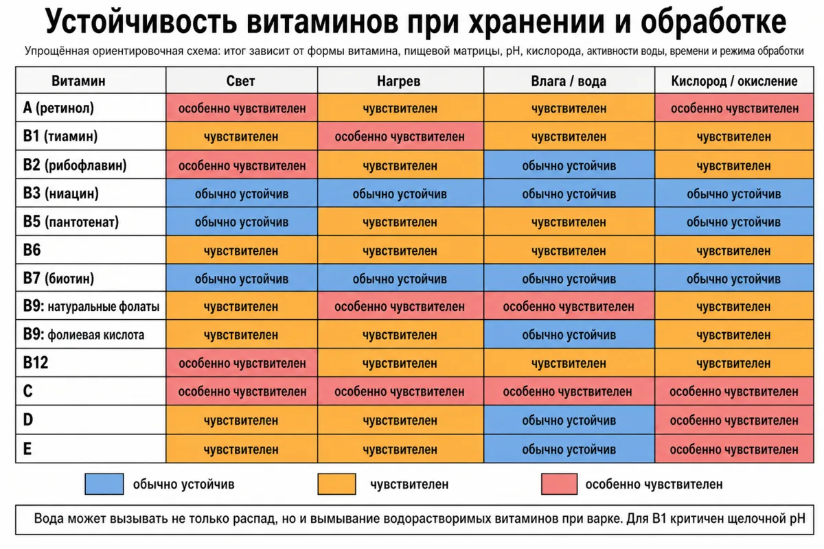 Сделала для вас шпаргалку о том, как витамины реагируют на свет, нагрев, воду и кислоро...