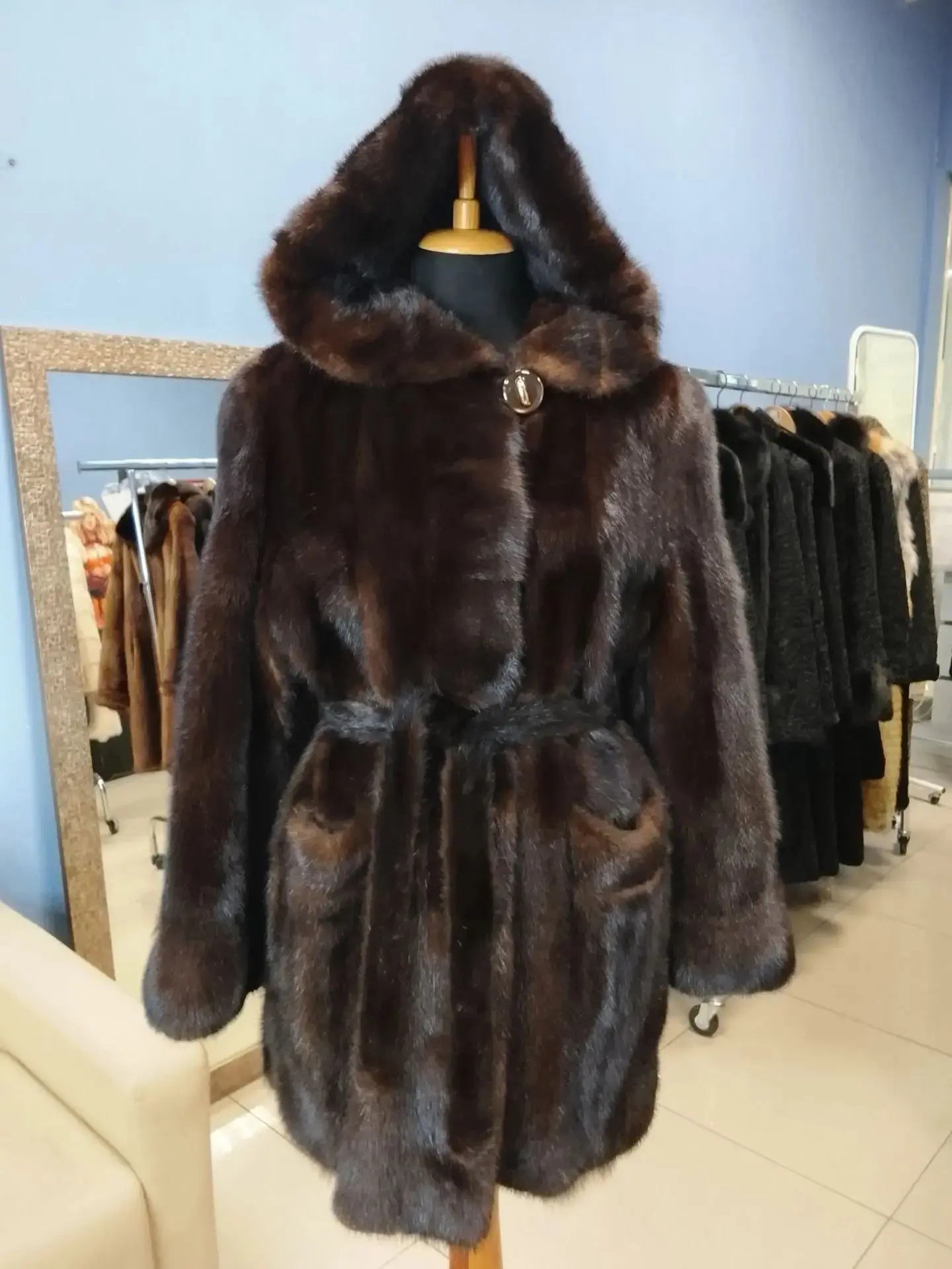 👍Короткий норковый полушубок, с капюшоном и накладными карманами
