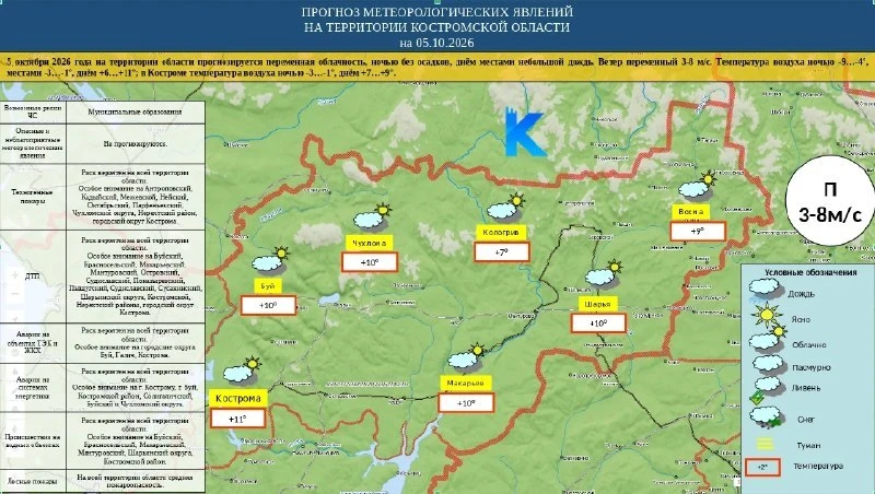 Завтра в Костроме ожидается до +9 градусов, ночных осадков не будет.