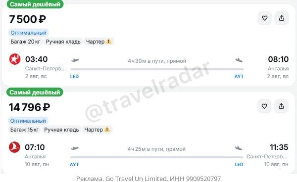Санкт-Петербург — Анталья от 7500₽ в одну сторону, вылеты в августе, рейсы прямые, с багажом
— 02.08