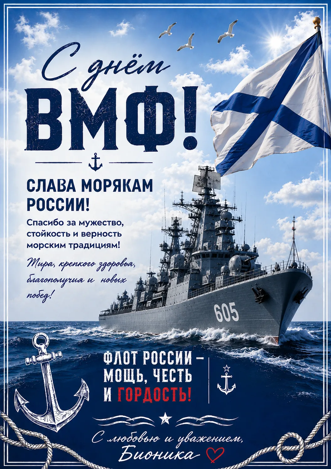 ❤️ От всей души поздравляем с Днём Военно‑Морского Флота!

Служба на флоте — это мужество, верность 