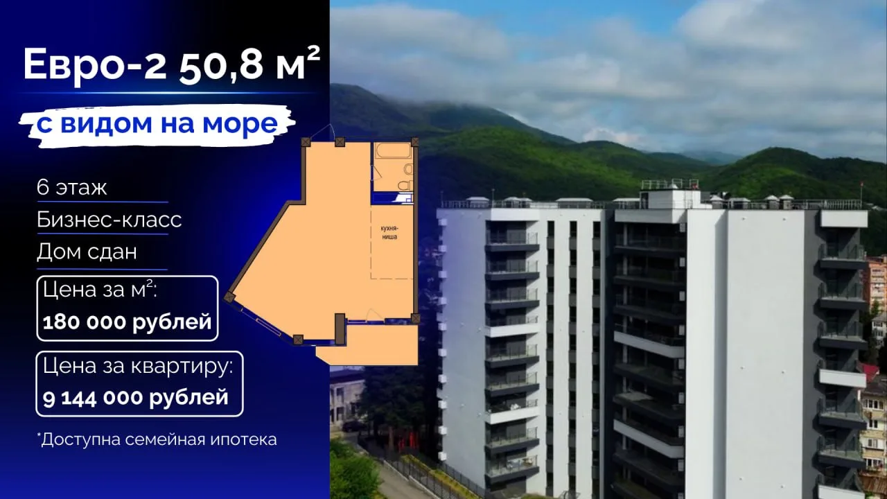 Евро-2 с видом на море в готовом доме по цене всего 180 000 р./м2