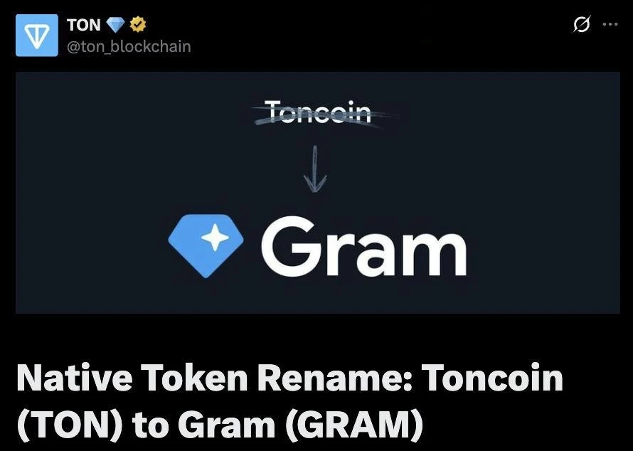🔄 Нативный токен сети TON переименуют из Toncoin ($TON) в Gram ($GRAM) 15 июня в 15:00...