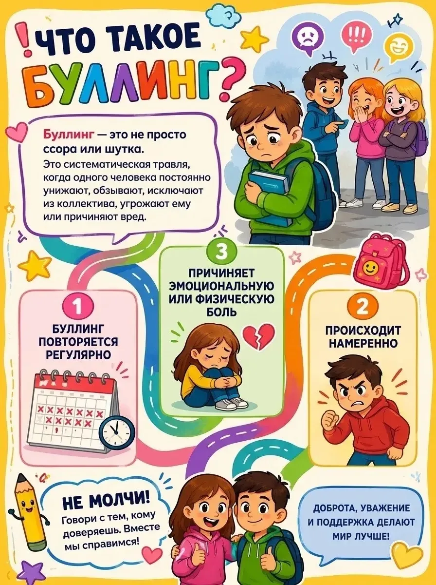 📌 Буллинг — проблема, о которой нельзя молчать.

Травля может коснуться любого ребенка, и часто она