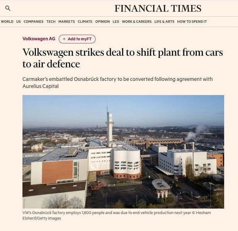 🇩🇪 Volkswagen отдаст завод в Оснабрюке под производство ПВО: автопром Германии повтор...