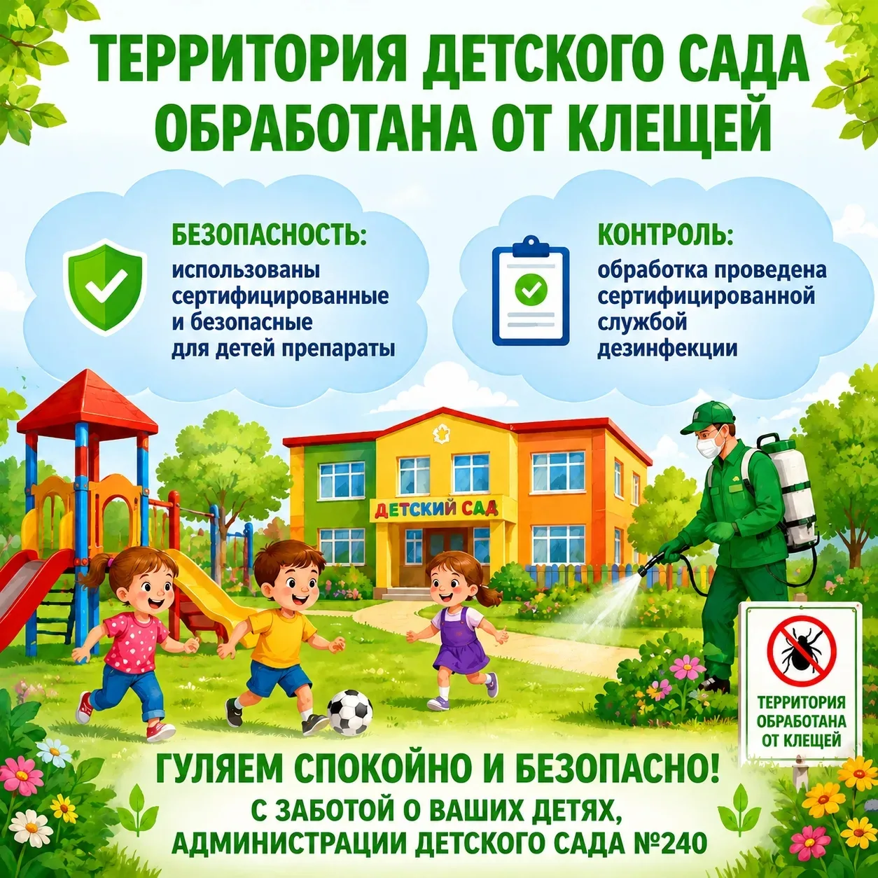 Чтобы наши прогулки были максимально безопасными, сегодня мы провели обработку всей территории детск