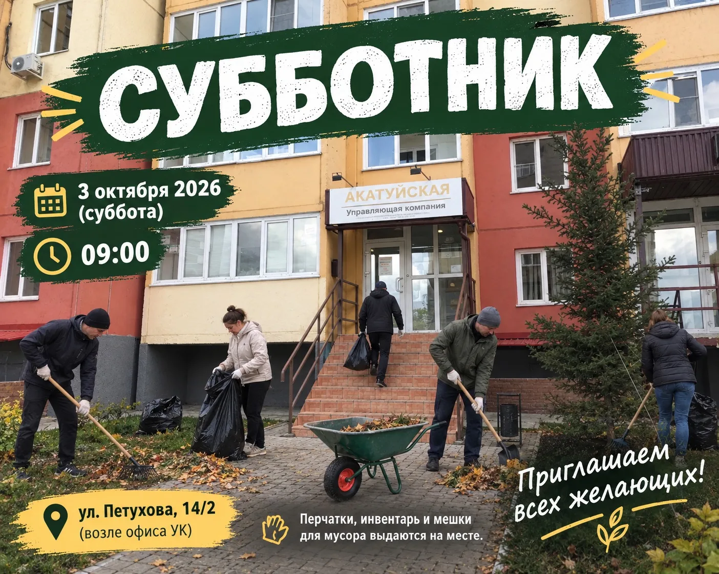 Управляющая компания «Акатуйская» приглашает жителей на субботник.