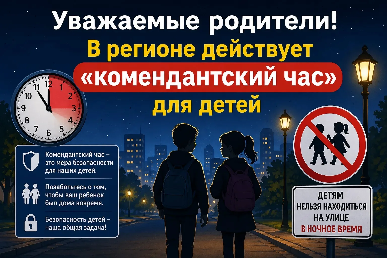 👫 Уважаемые родители! В регионе действует «комендантский час» для детей