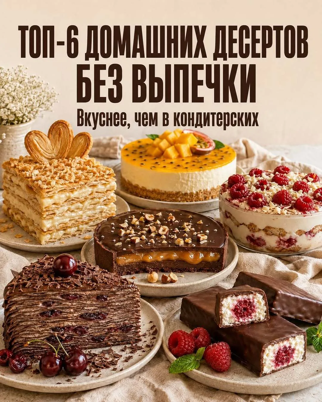 Десерты как из кондитерской — только приготовлены дома и без духовки!  Сохраняйте подбо...